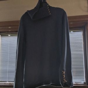 Women's blue cowl neck sweater w/suede accents